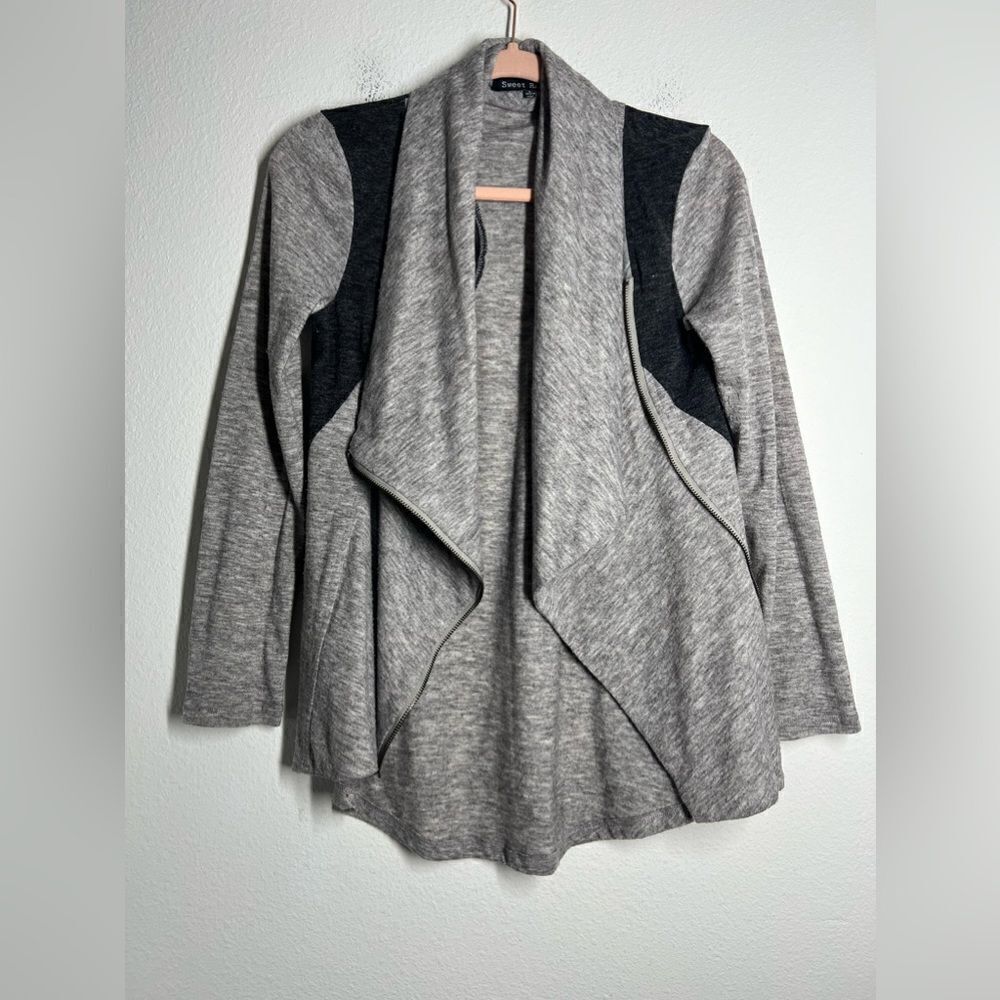 Sweat Rain Womens Gray Drape Open Cardigan Sweater Zip Pockets Size Small